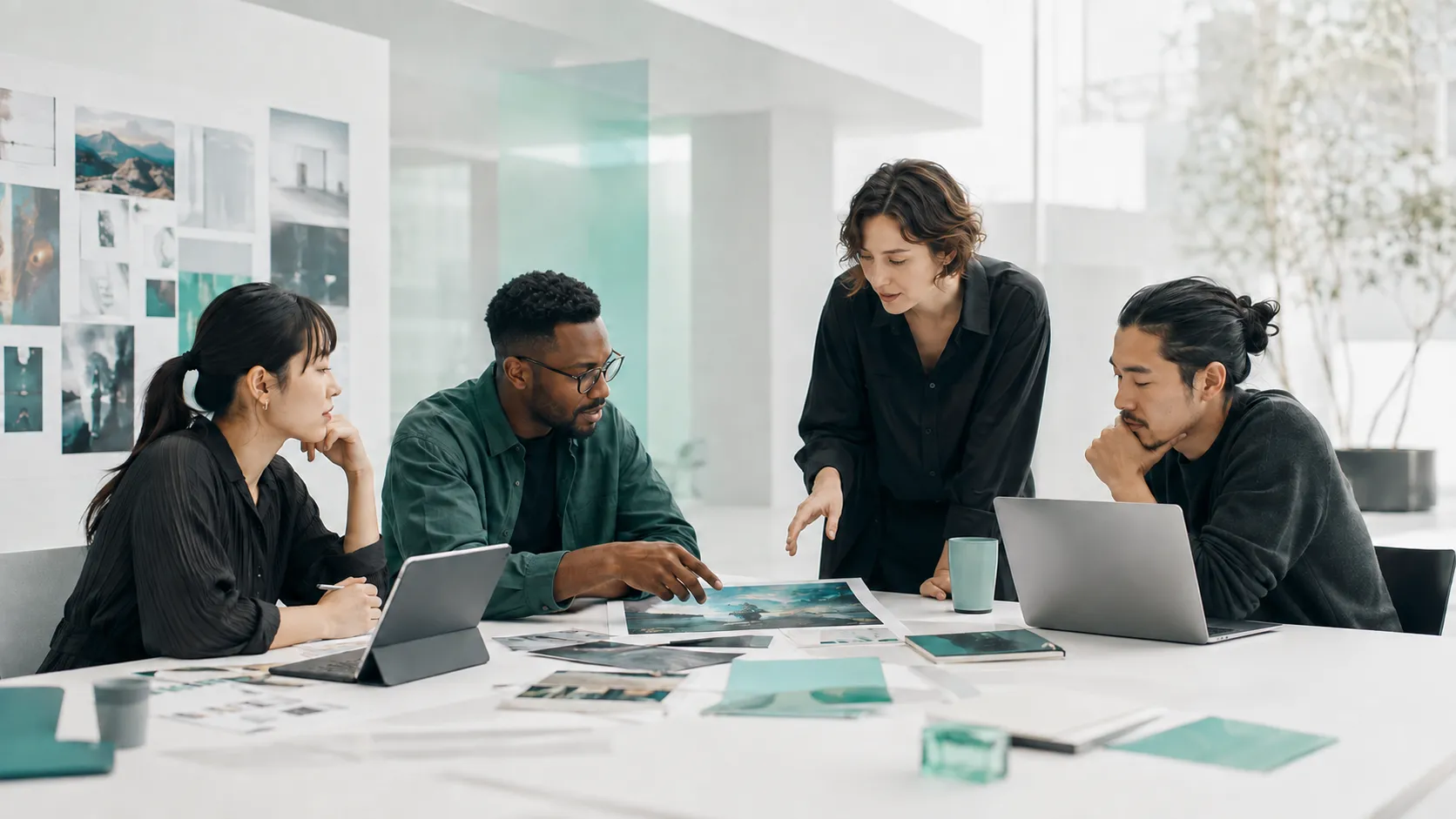 A global team discussing plans for AI Creators in a bright office
